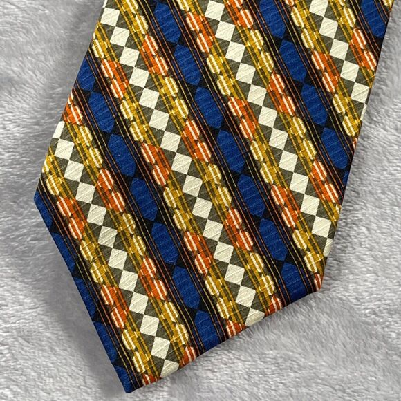 Jhane Barnes Mens Neck Tie 100% Silk Made in Japan Navy Gold Geometric Stripe - Picture 2 of 13